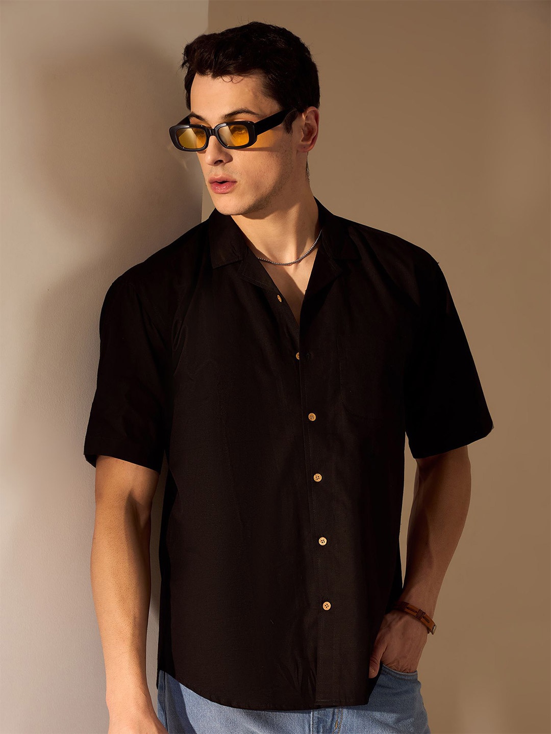 

DENNISON Relaxed Hemp Cuban Collar Drop-Shoulder Sleeves Oversized Shirt, Black