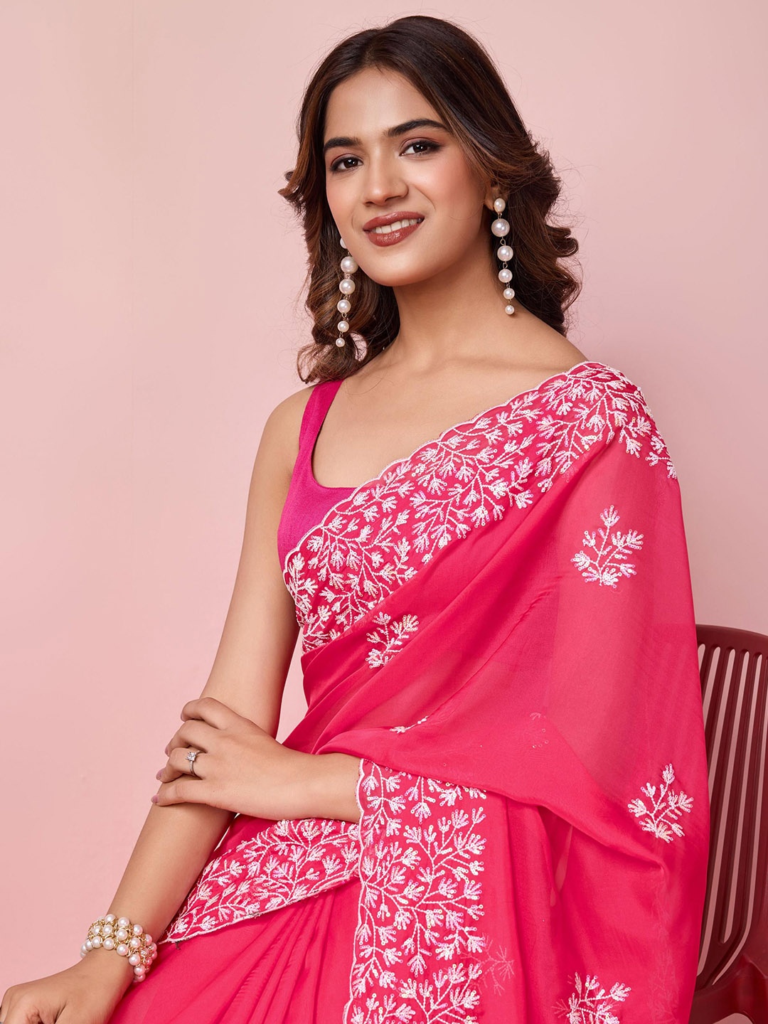 

HERE&NOW Floral Sequinned Organza Saree, Pink