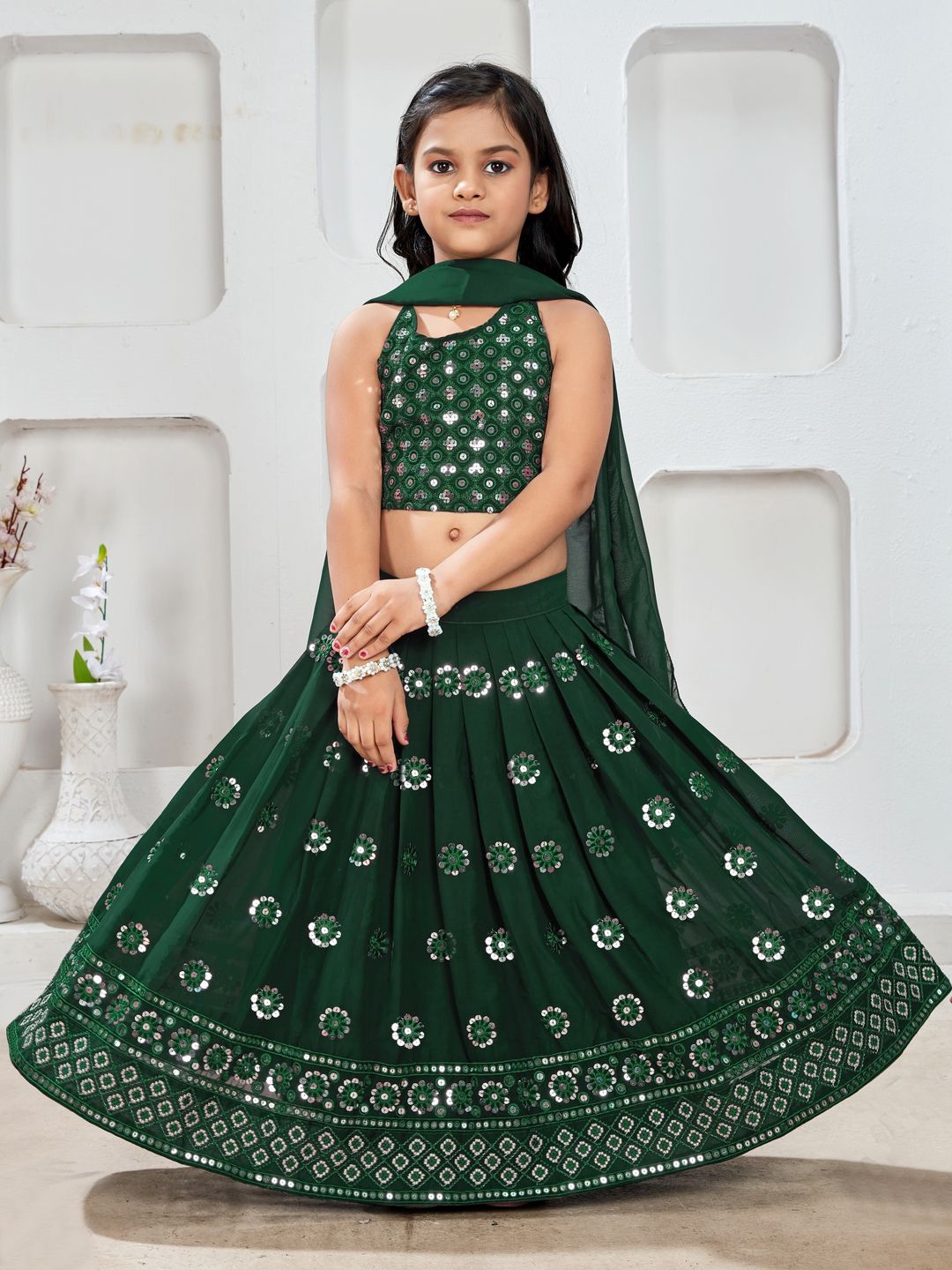 

BAESD Girls Embroidered Mirror Work Ikat Ready to Wear Lehenga & Blouse With Dupatta, Green