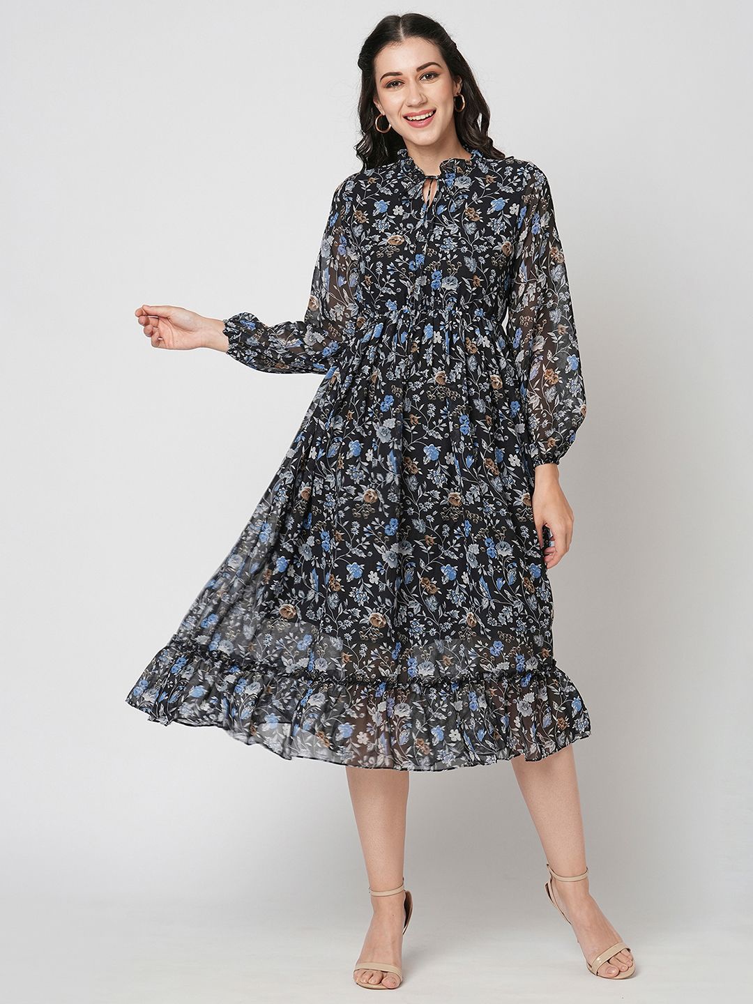 

Selvia Print Tie-Up Neck Puff Sleeve Georgette Fit & Flare Dress, Black