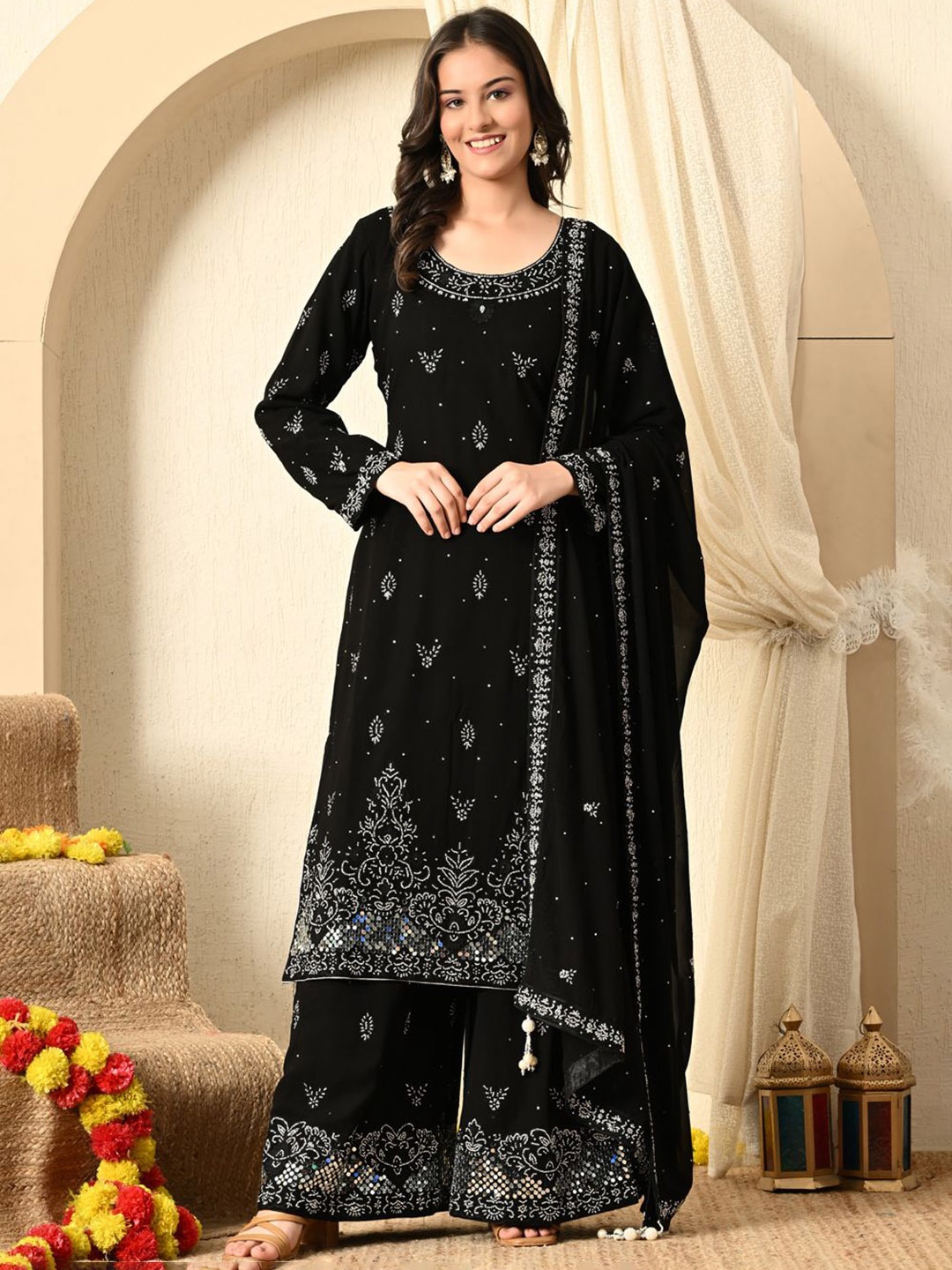 

ZARIKALI Ethnic Motifs Embroidered Thread Work Straight Kurta With Palazzos & Dupatta, Black