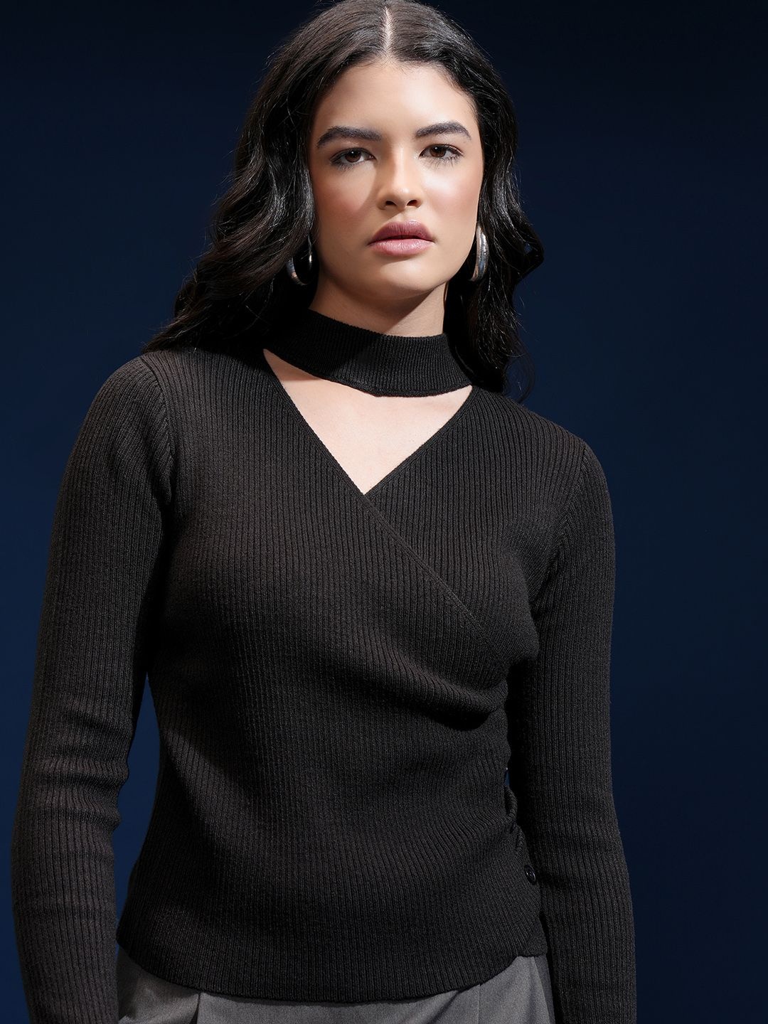 

Tokyo Talkies Women Ribbed Pullover, Black