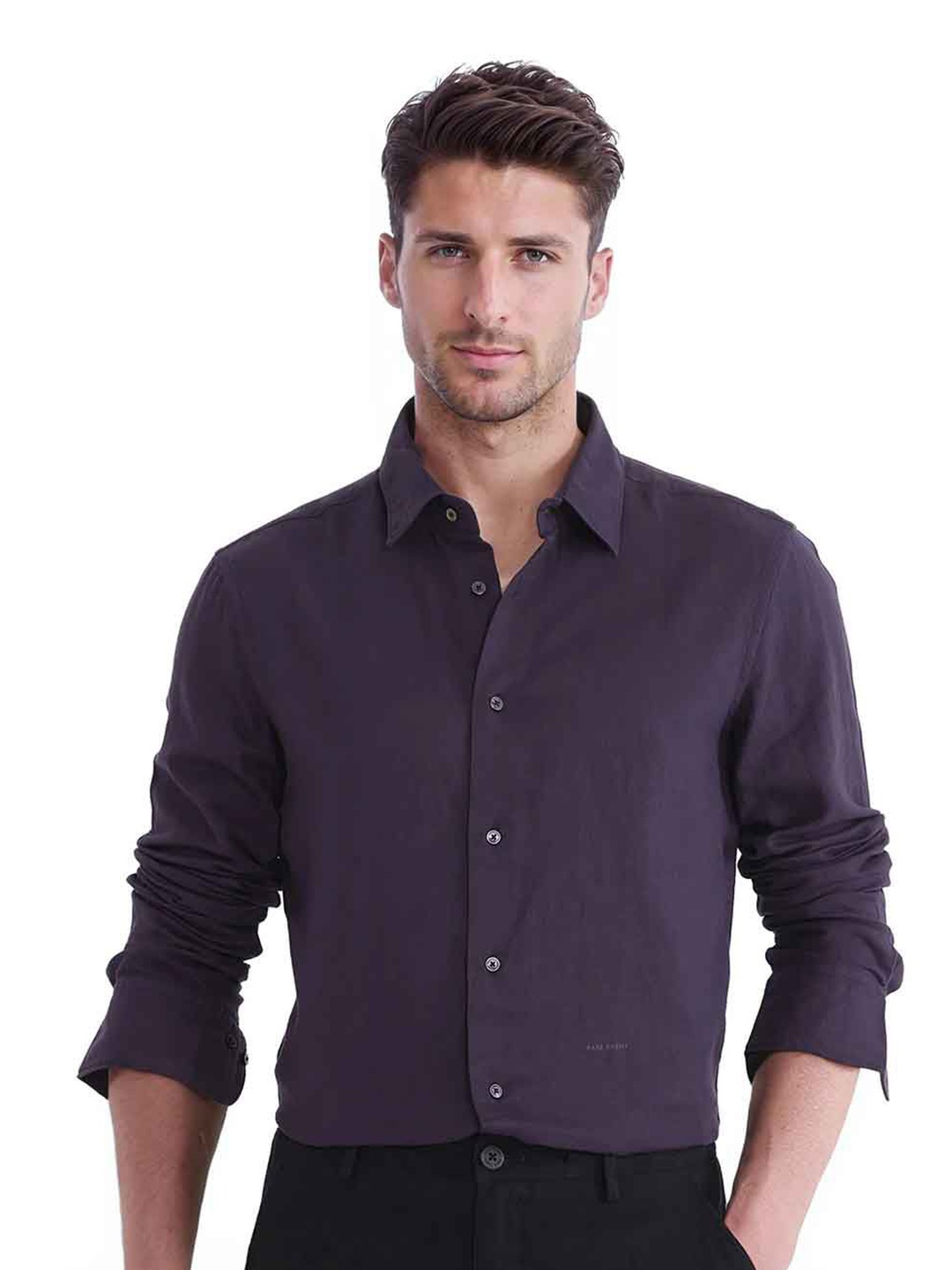 

RARE RABBIT Men Comfort Spread Collar Solid Cotton Casual Shirt, Purple