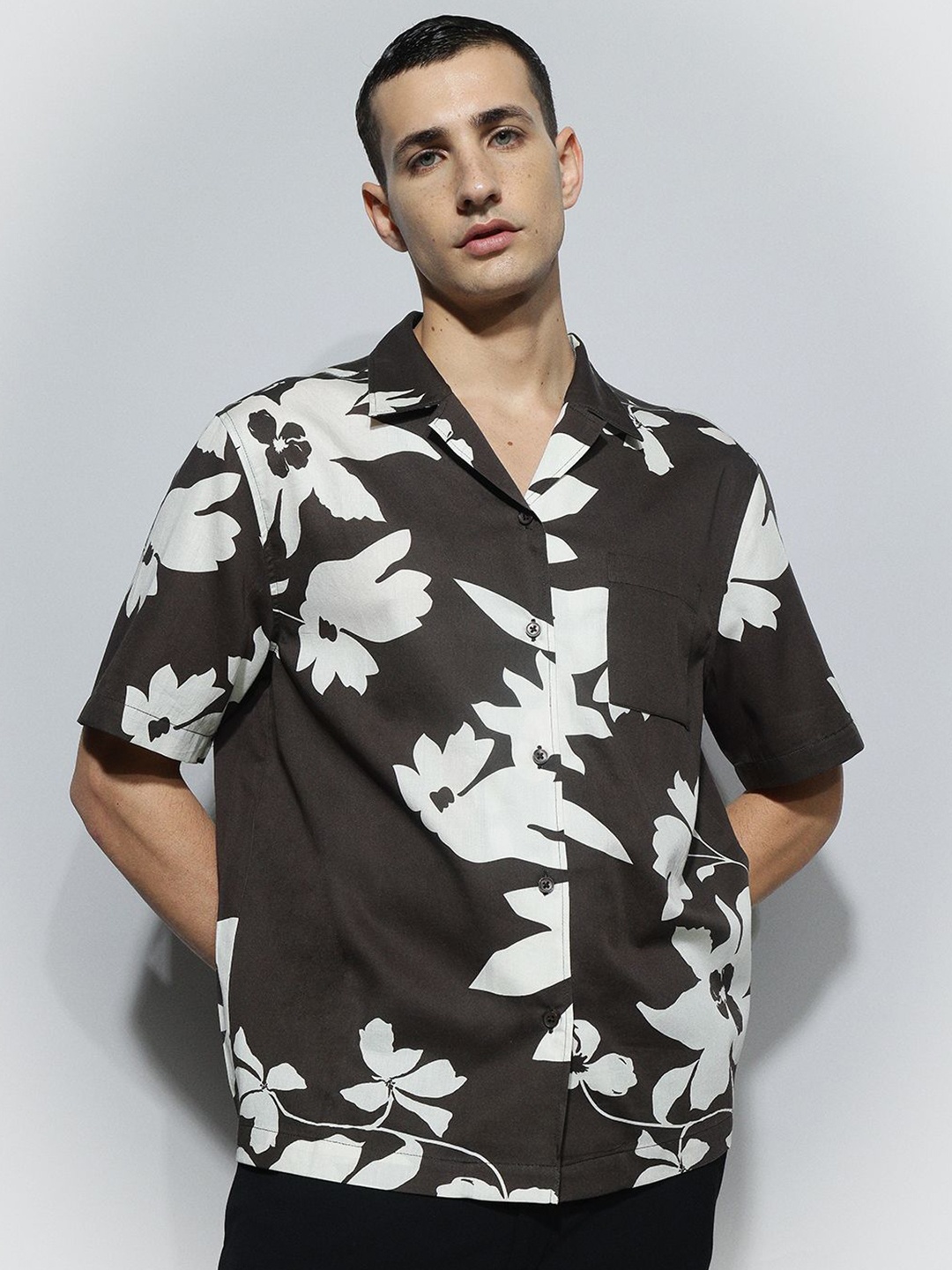 

H&M Regular Fit Printed Cotton Shirt, Brown