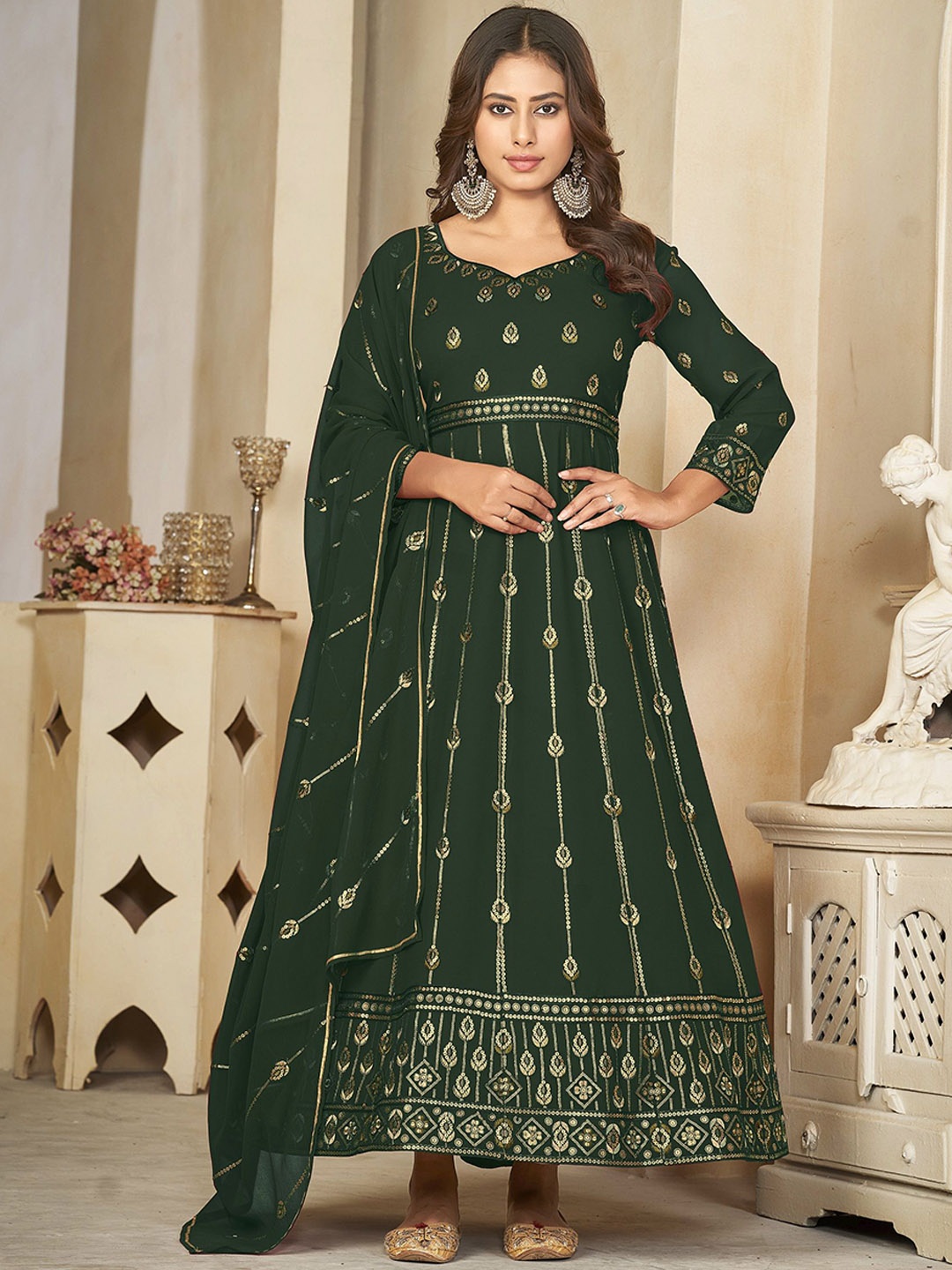 

KALINI Embroidered Semi-Stitched Dress Material, Green