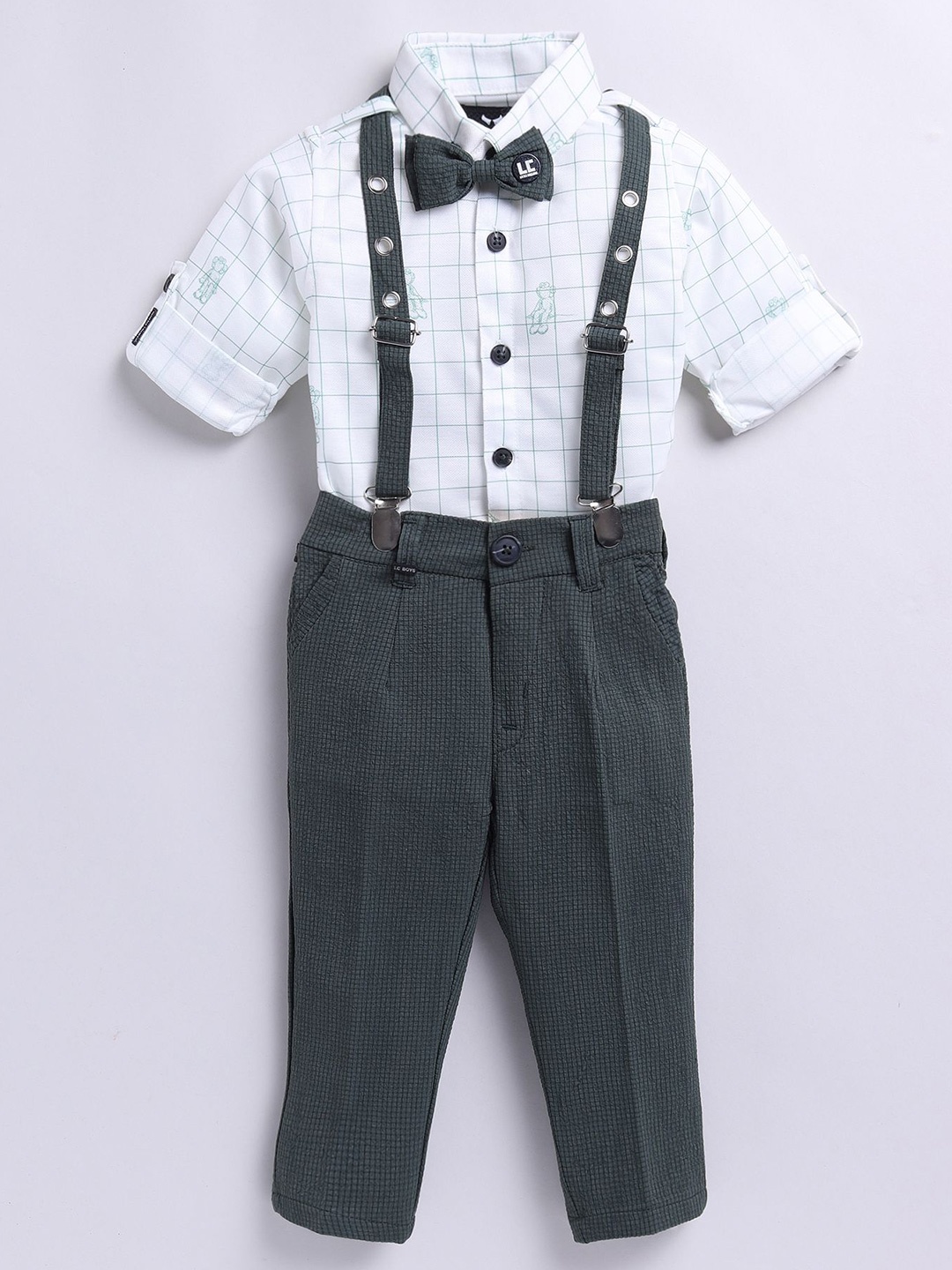 

Little Collars Kids Checkered Suspender Shirt Pant Set, Green