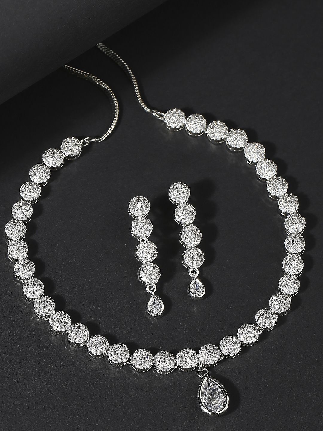 

fabula Silver-Plated American Diamond -Studded Jewellery Set
