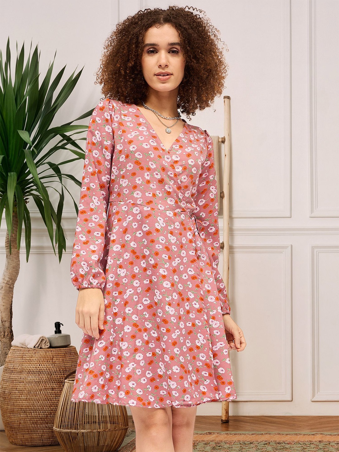 

DressBerry Women Floral Printed Puff Sleeves Wrap Dress, Peach