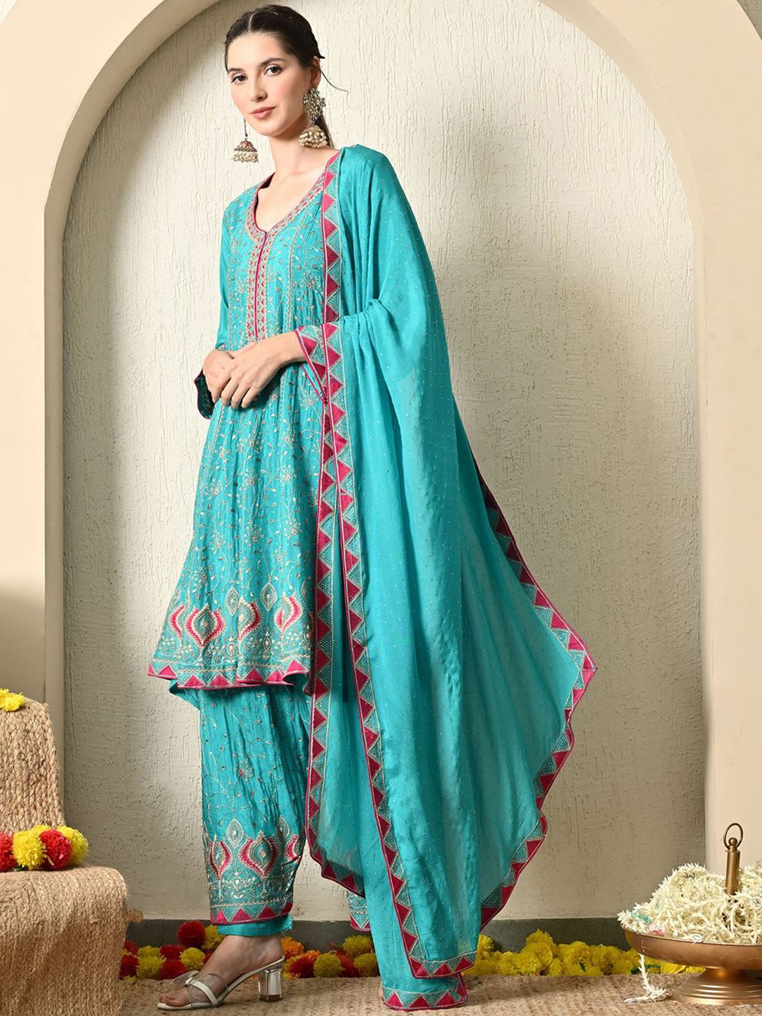 

ZARIKALI Ethnic Motifs Embroidered Zari A-Line Kurta With Salwar & Dupatta, Blue