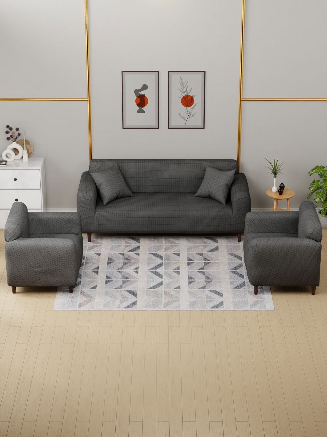 

Myntra Elegant Homes Grey & Black Textured Jacquard 5 Seater Sofa Cover With Arms