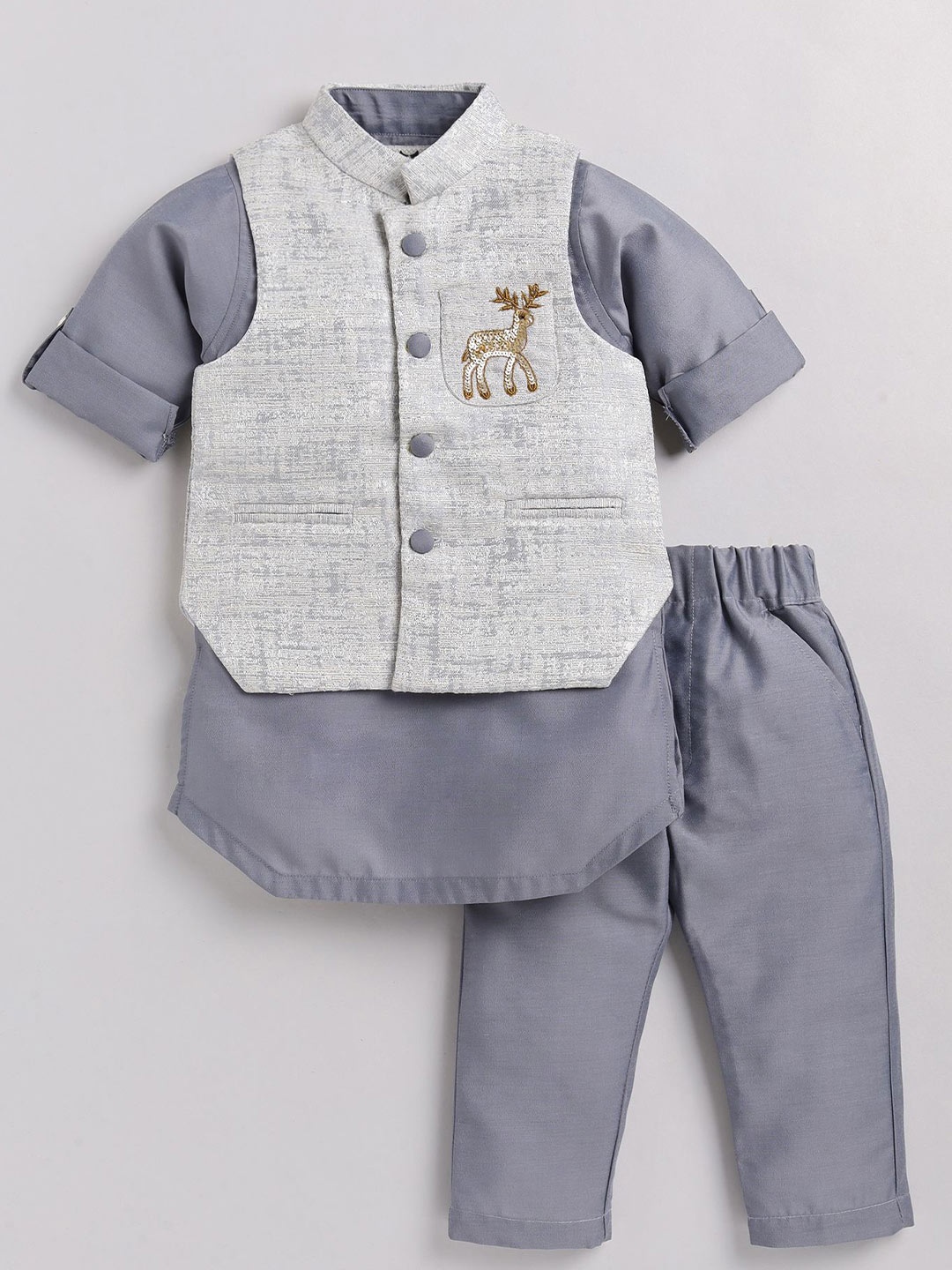

Little Collars Boys Reindeer Nehru Jacket Kurta Pajama Set, Grey