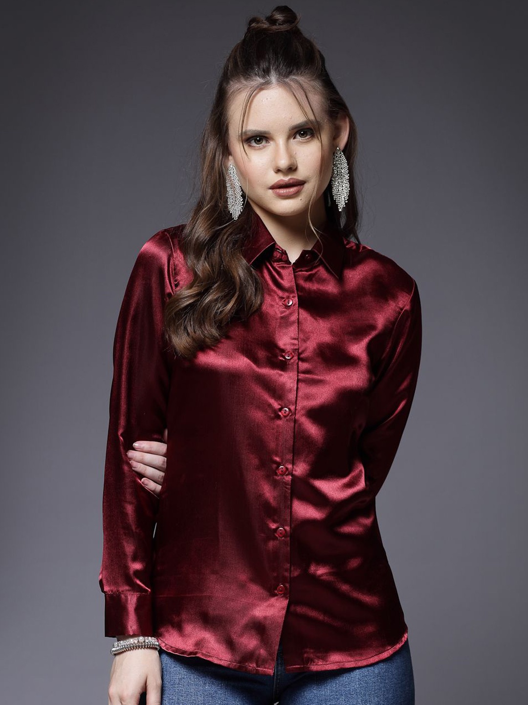 

BEING NAUGHTY Women Comfort Opaque Party Shirt, Maroon