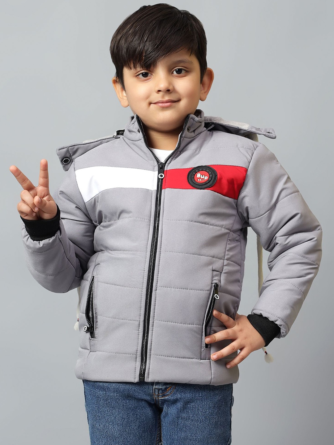 

SKY HEIGHTS Boys Colourblocked Polyester Padded Jacket with Patchwork, Grey