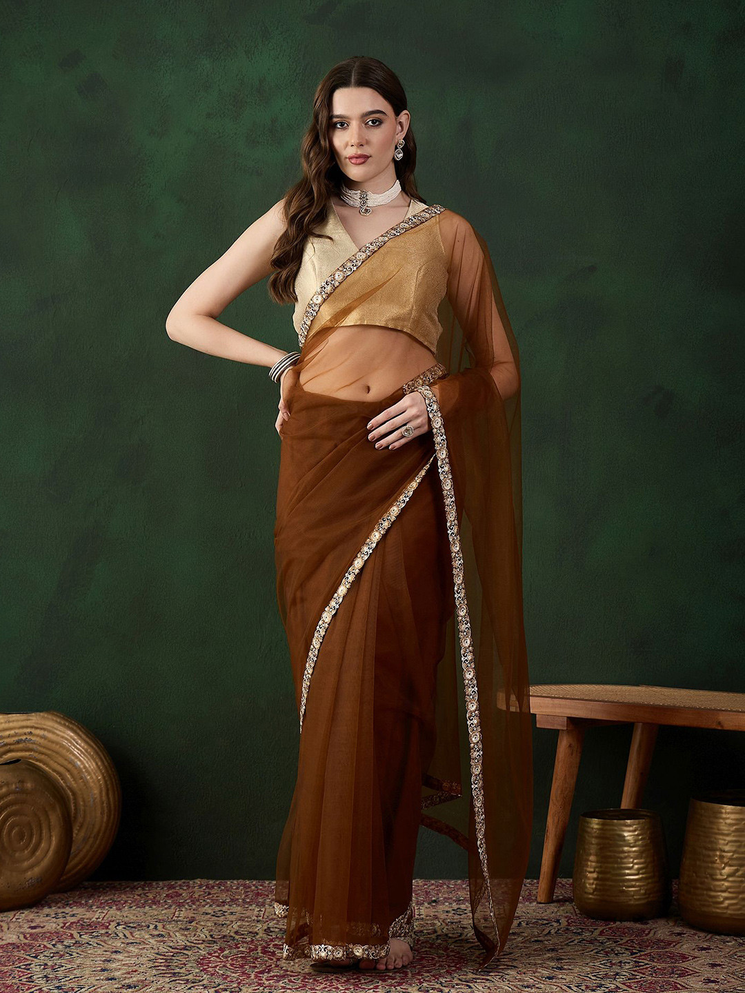 

Sangria Woven Design Embroidered Saree, Brown