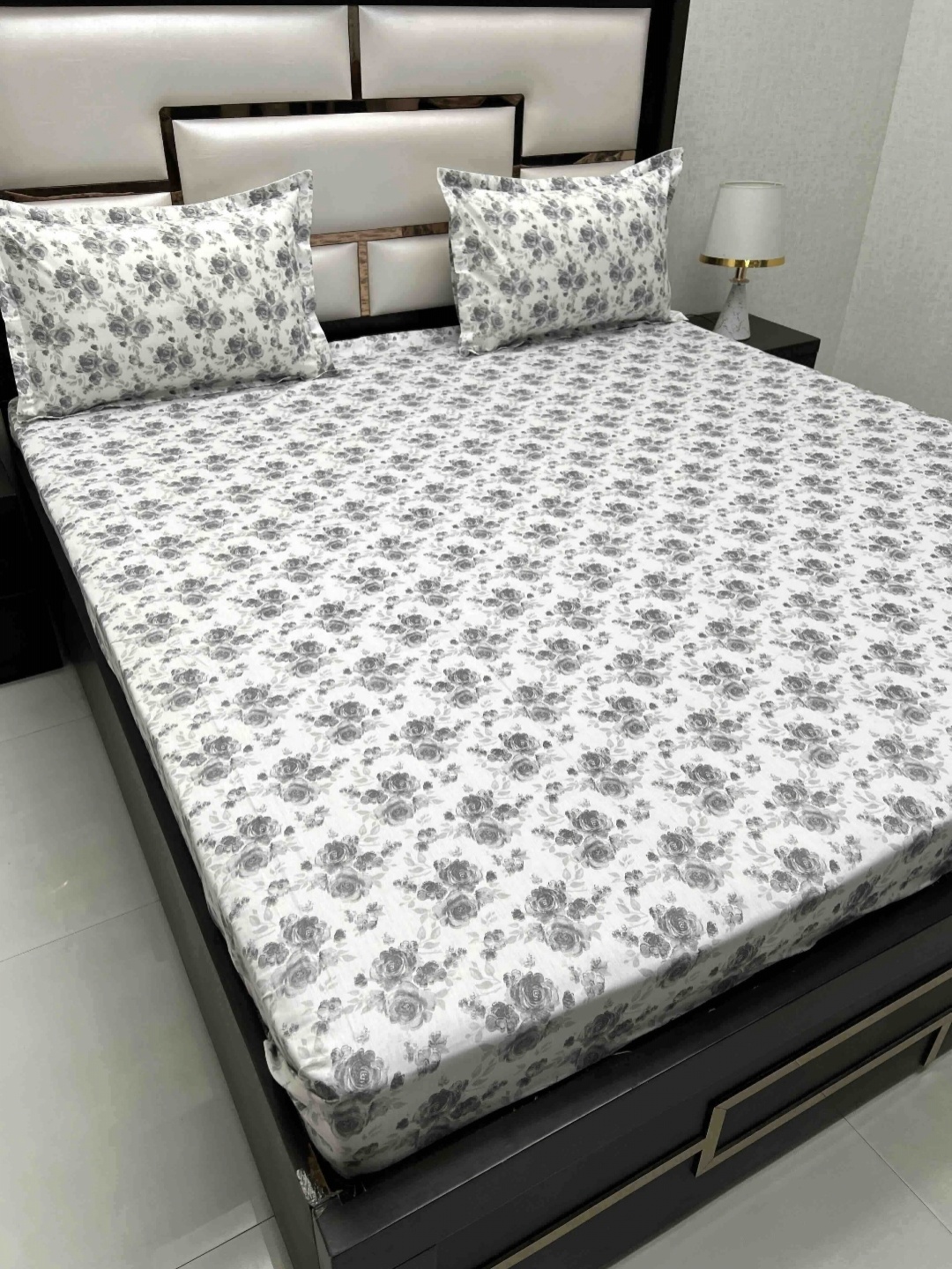 

Pure Decor White & Grey Floral 350 TC King Bedsheet with 2 Pillow Covers