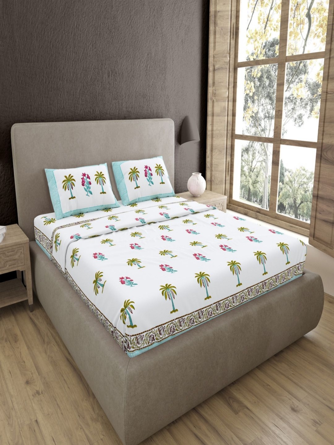 

JAIPUR FABRIC White Floral Printed Pure Cotton 400 TC King 2 Bedsheet Set 2.74 m X 2.74 m