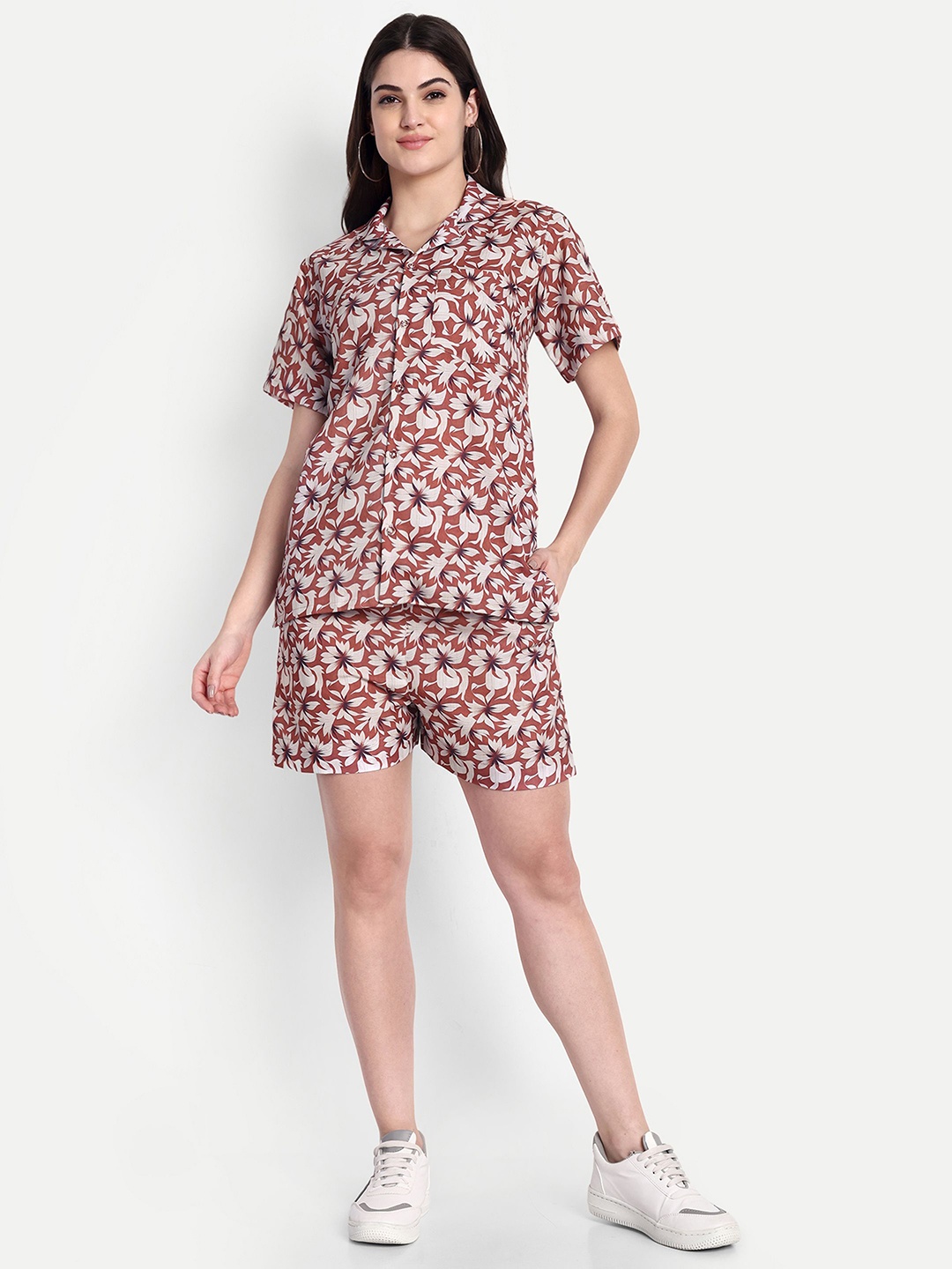 

TILISM Printed Pure Cotton Shirt With Shorts Co-Ords, Brown