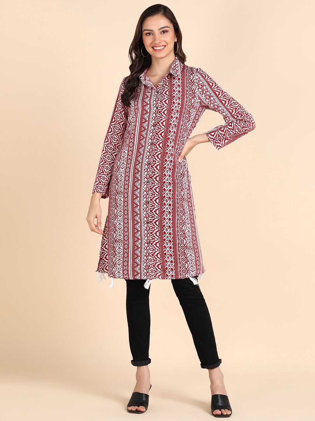 

DODO & MOA Women Printed Shirt Collar Long Sleeve Straight Kurtas, Red