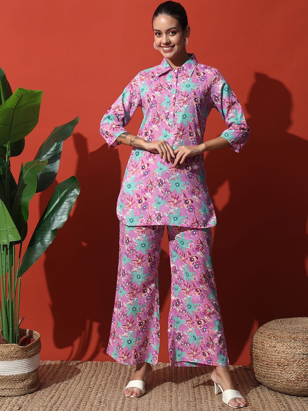 

Vastralay Printed Pure Cotton Tunic With Trouser Co-Ords, Purple