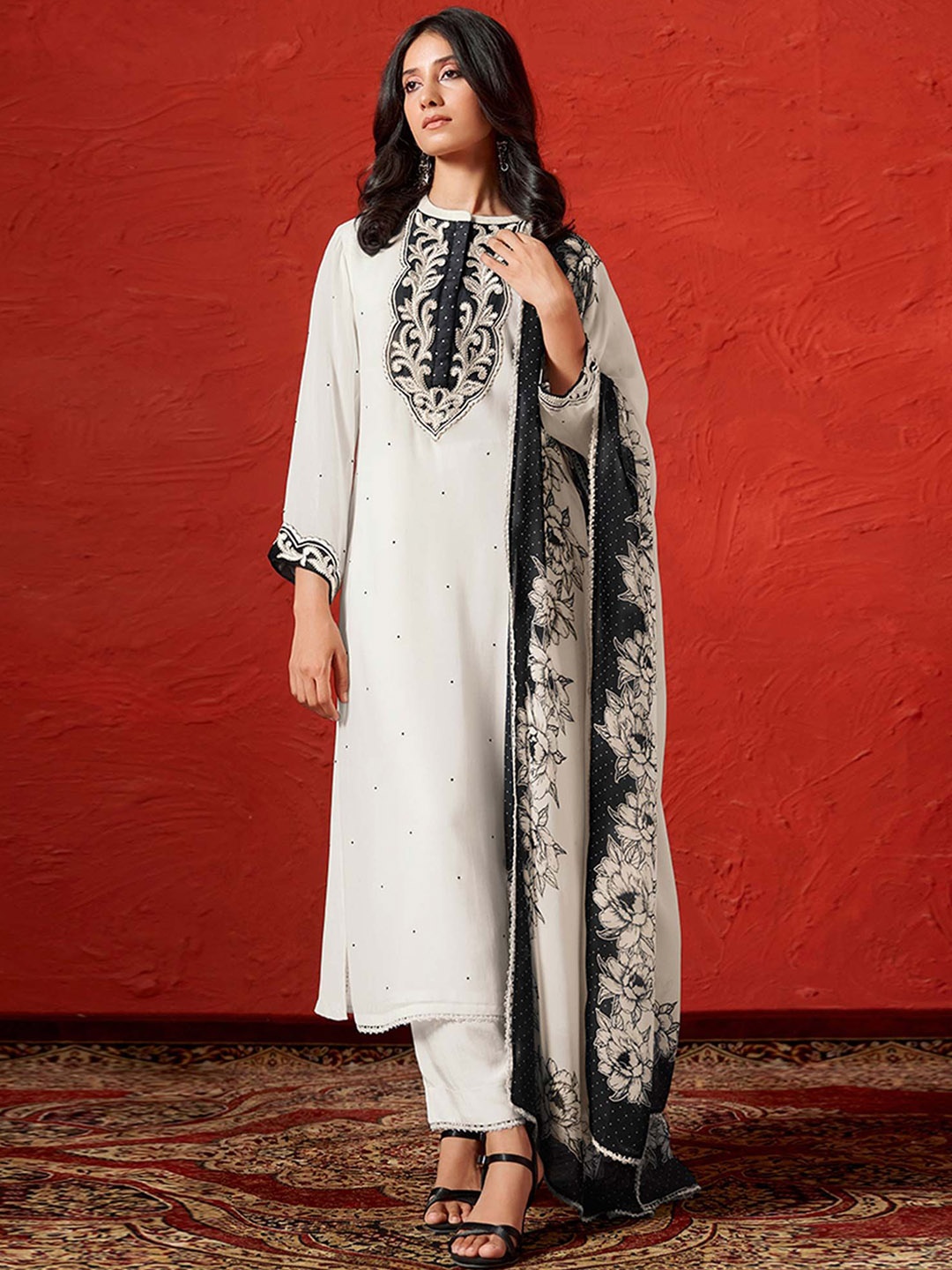 

Ganga Floral Yoke Design Beads and Stones Straight Kurta With Trousers & Dupatta, White