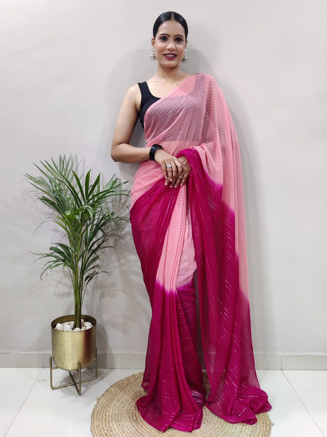 

KAYOMMI Leheriya Pure Chiffon Ready to Wear Saree, Pink