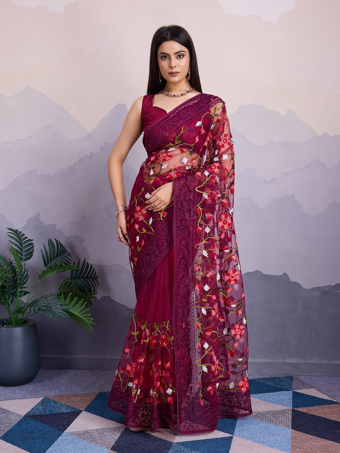 

HERE&NOW Floral Embroidered Net Saree With Blouse Piece, Magenta