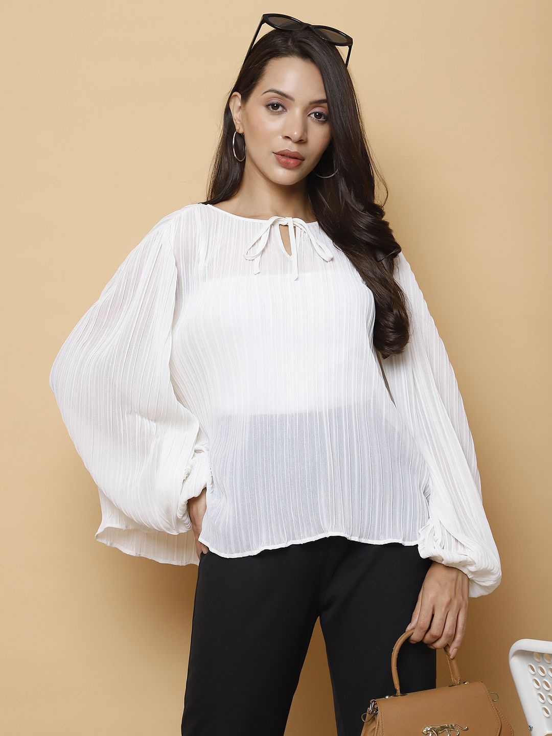 

250 DESIGNS Puff Sleeve Georgette Top, Off white