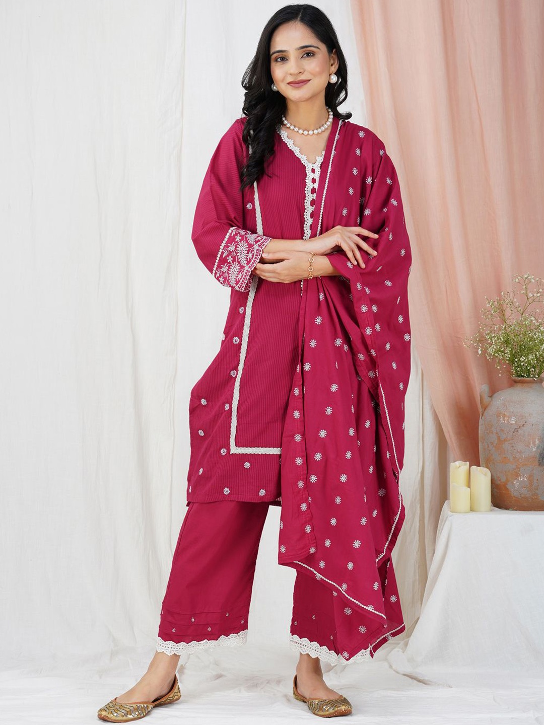 

zuri Floral Embroidered Pure Cotton Straight Kurta with Trousers & Dupatta, Red