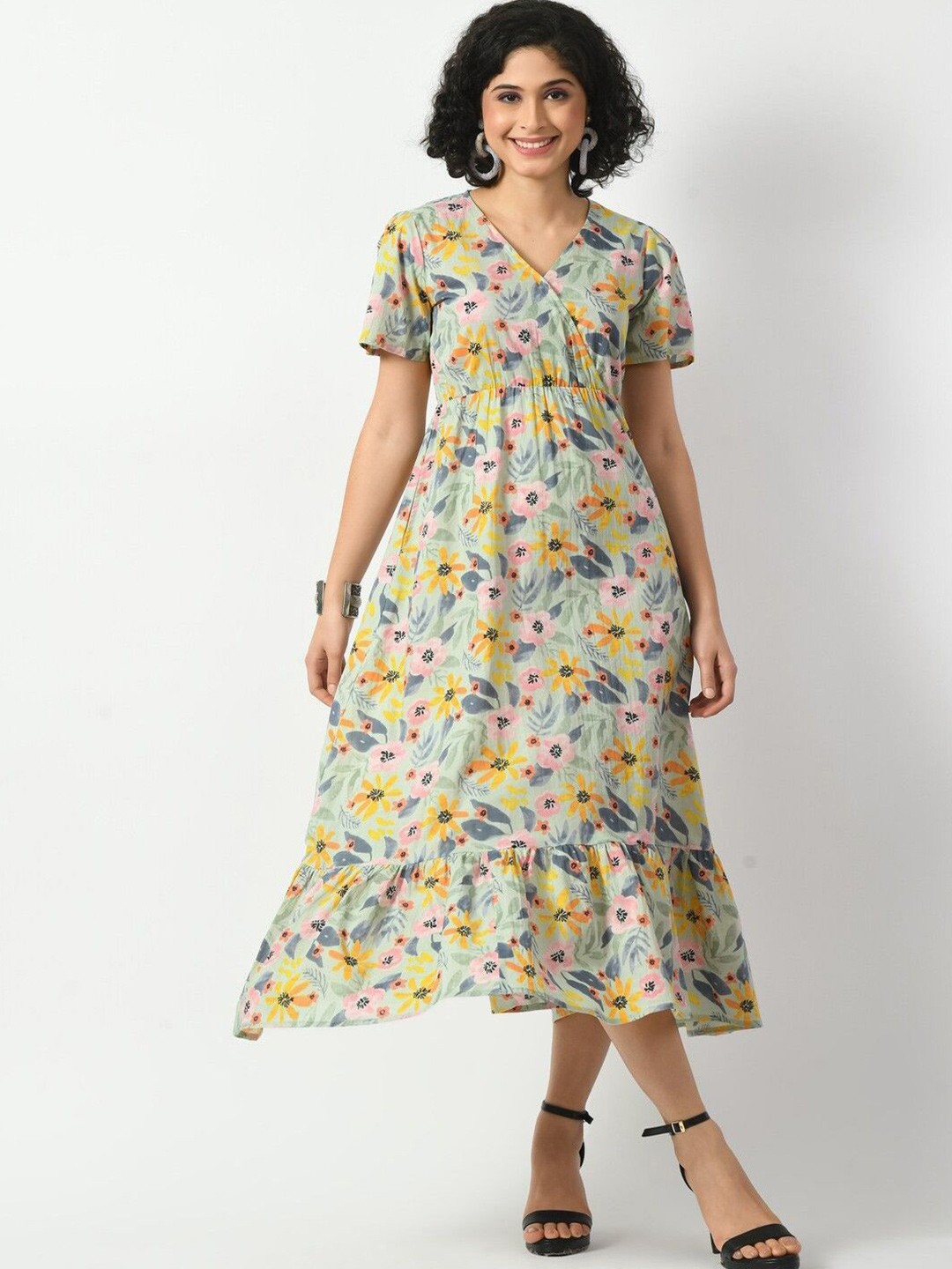 

KALINI Cotton Floral Printed V-Neck Wrap Midi Dress, Green