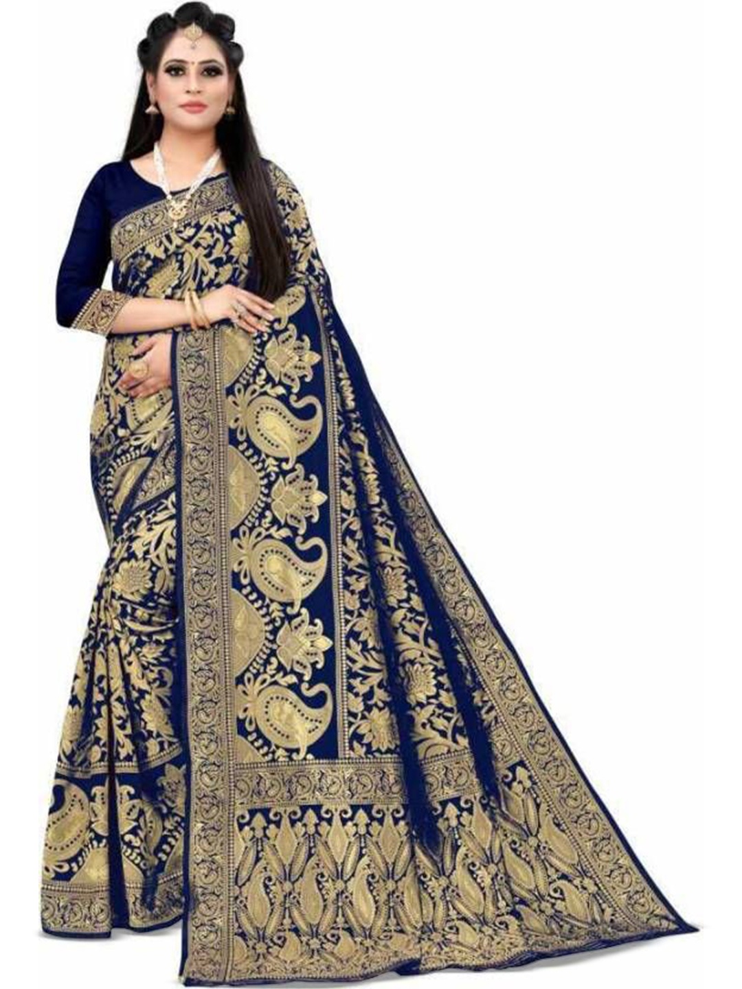 

Shiroya Brothers Woven Design Zari Art Silk Banarasi Saree, Navy blue