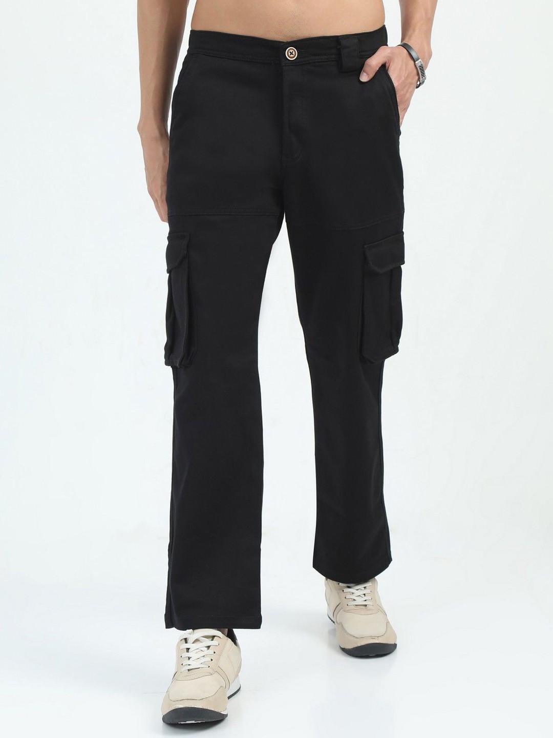 

NEVER NEUD Men Relaxed Straight Fit La Belle Cargos Trousers, Black