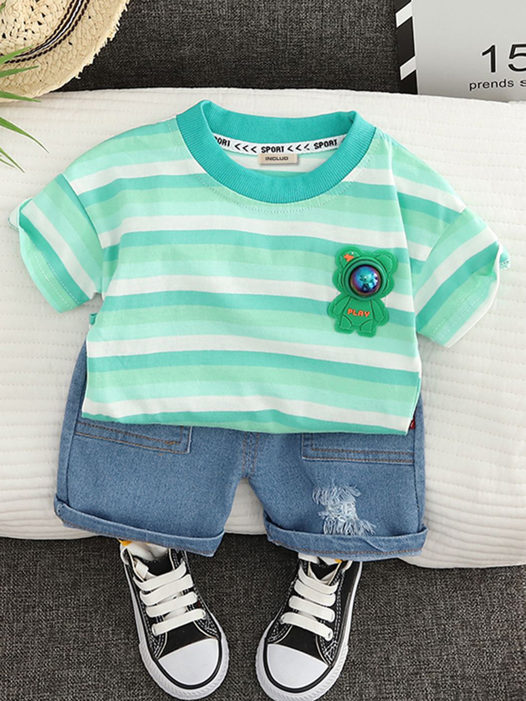 

INCLUD Boys Striped T-shirt with Shorts, Green