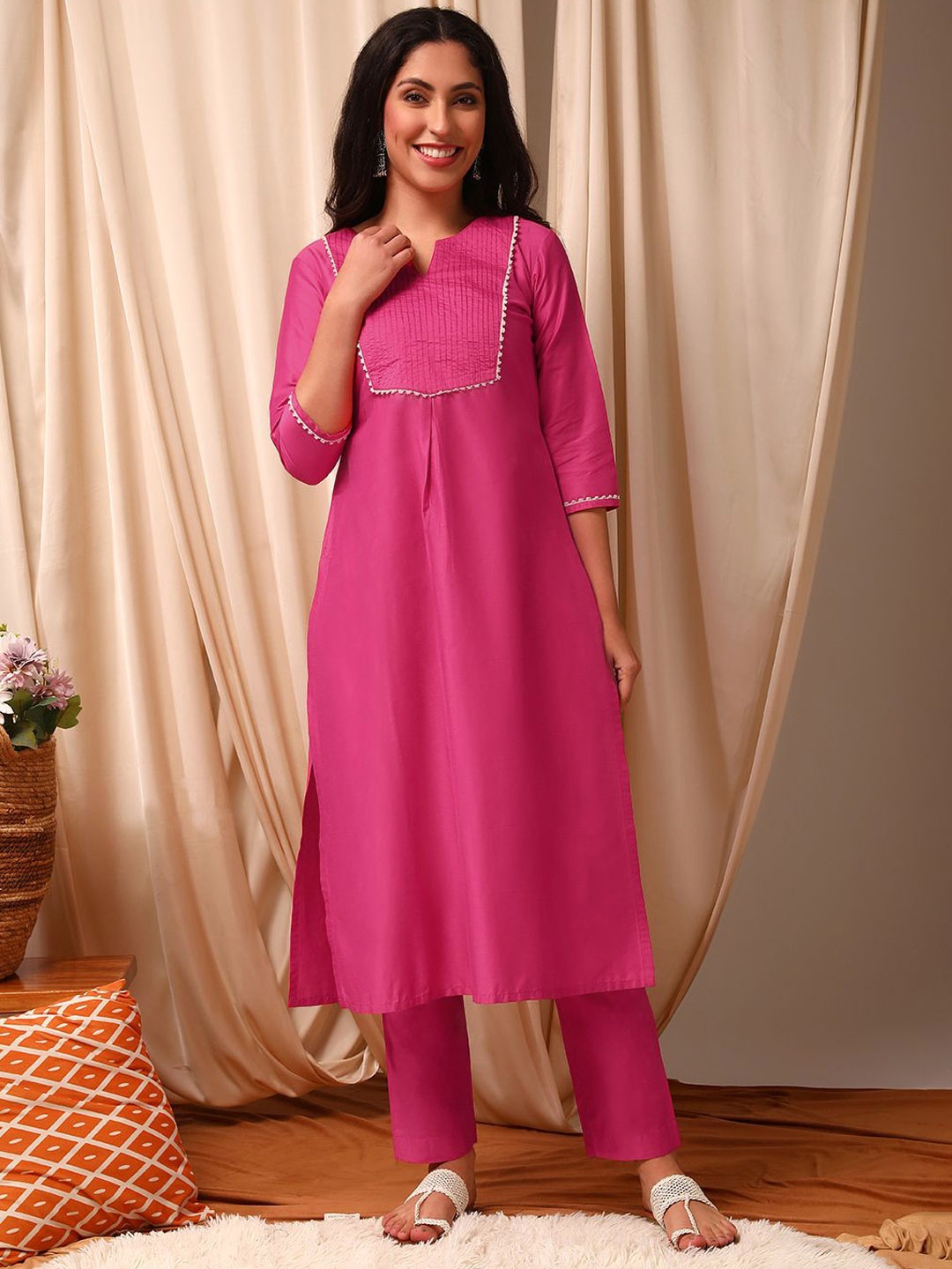 

MASSTANI BY INDDUS Striped Yoke Design Pleated Straight Kurta With Trouser, Pink