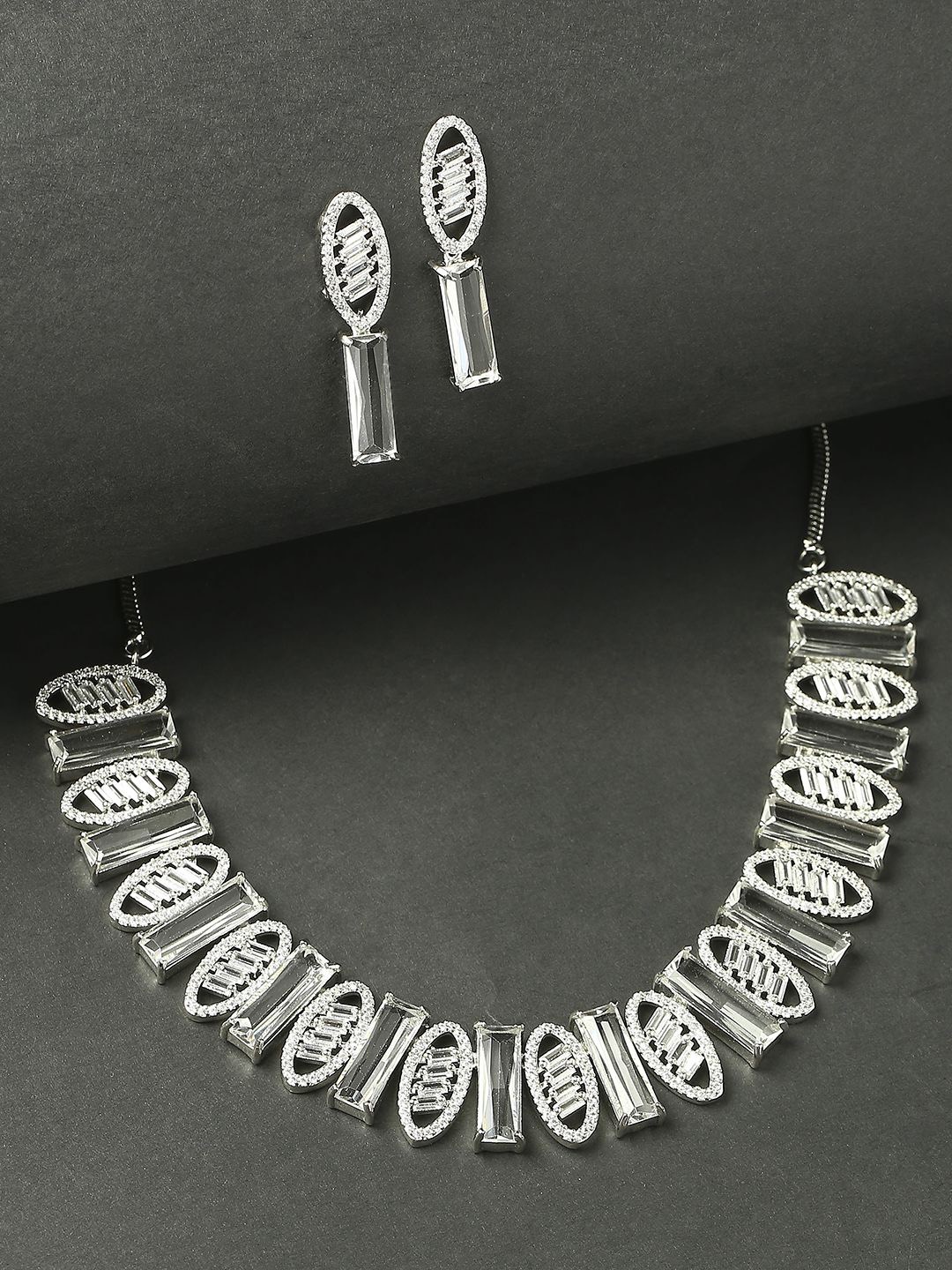 

fabula Silver-Plated AD-Studded Jewellery Set