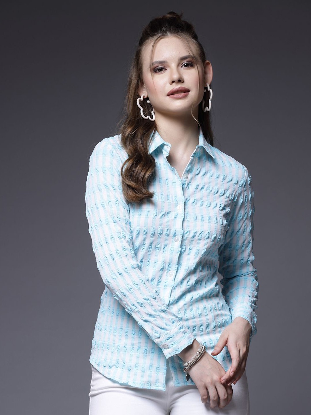 

BEING NAUGHTY Women Comfort Gingham Checks Opaque Striped Party Shirt, Blue