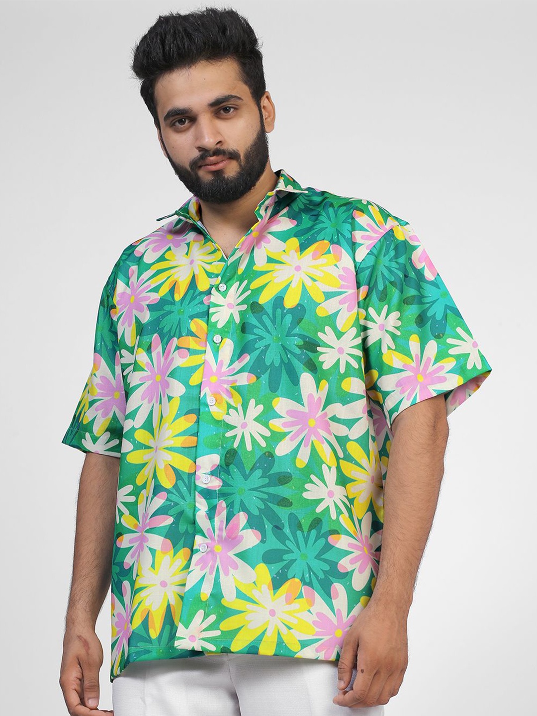 

BOWLIFESTYLE Men Classic Spread Collar Floral Printed Cotton Casual Shirt, Green