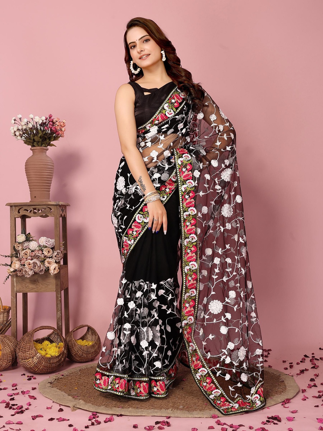 

HERE&NOW Floral Embroidered Net Saree, Black