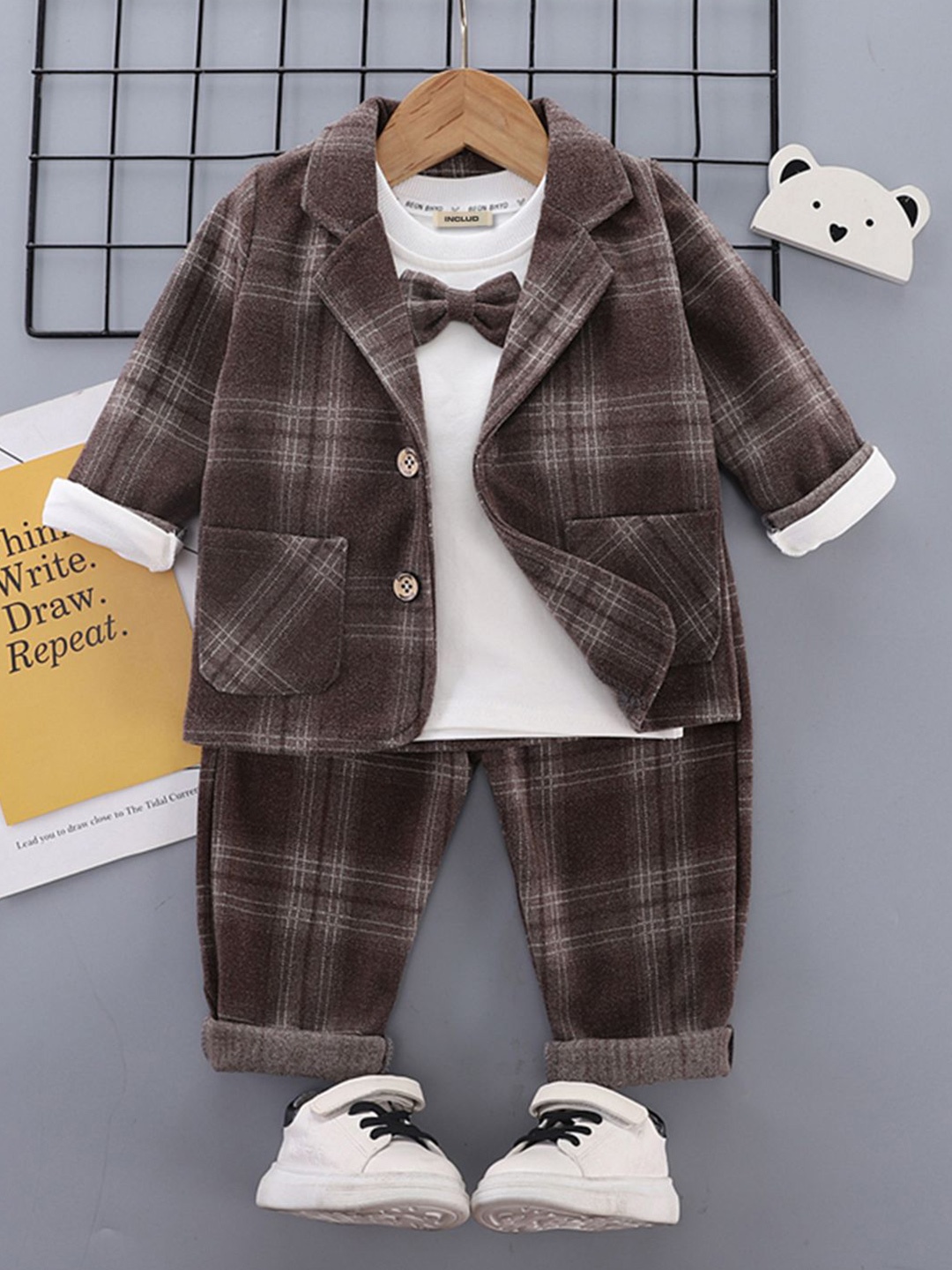 

INCLUD Boys Checked 4-Pcs Single Breasted Suit, Brown