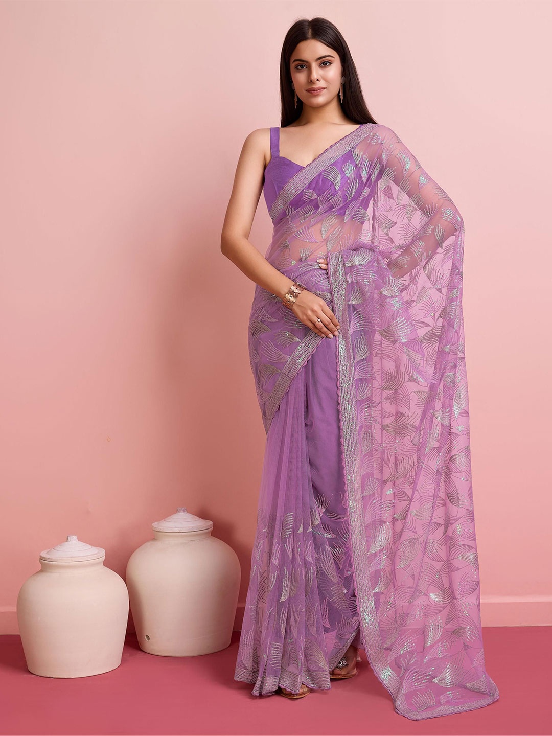 

HERE&NOW Sequinned Embellished Net Saree With Blouse Piece, Lavender