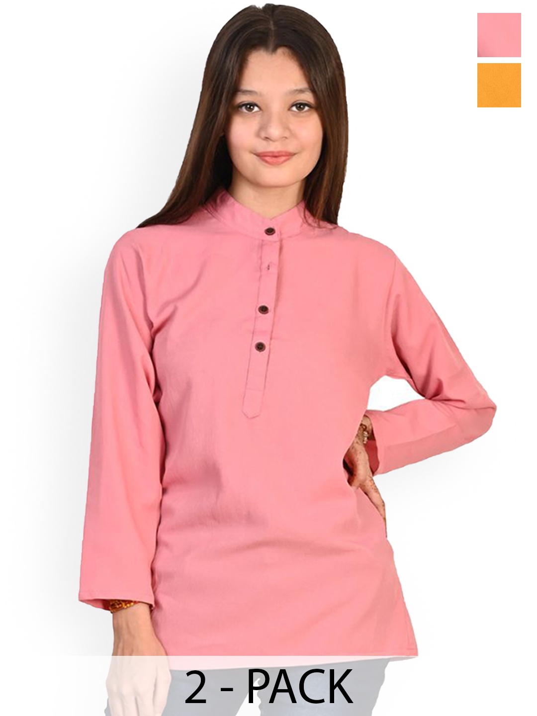 

BAESD Girls Selection Of 2 Band Collar Straight Kurtas, Pink