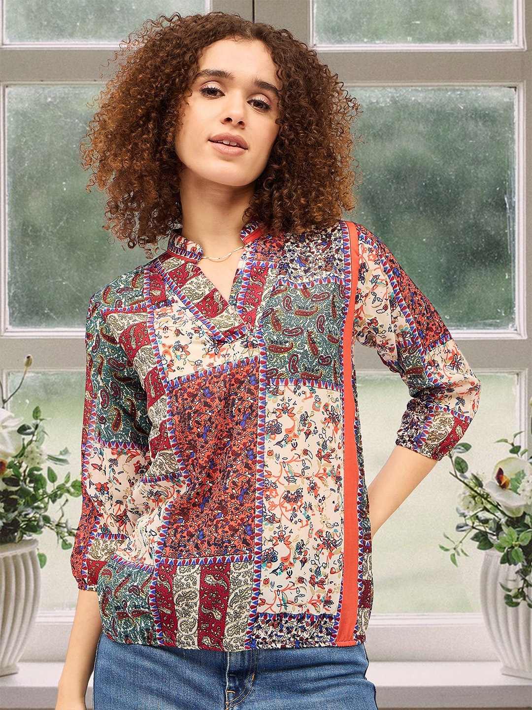 

DressBerry Women Floral Printed Mandarin Collar Top, Brown