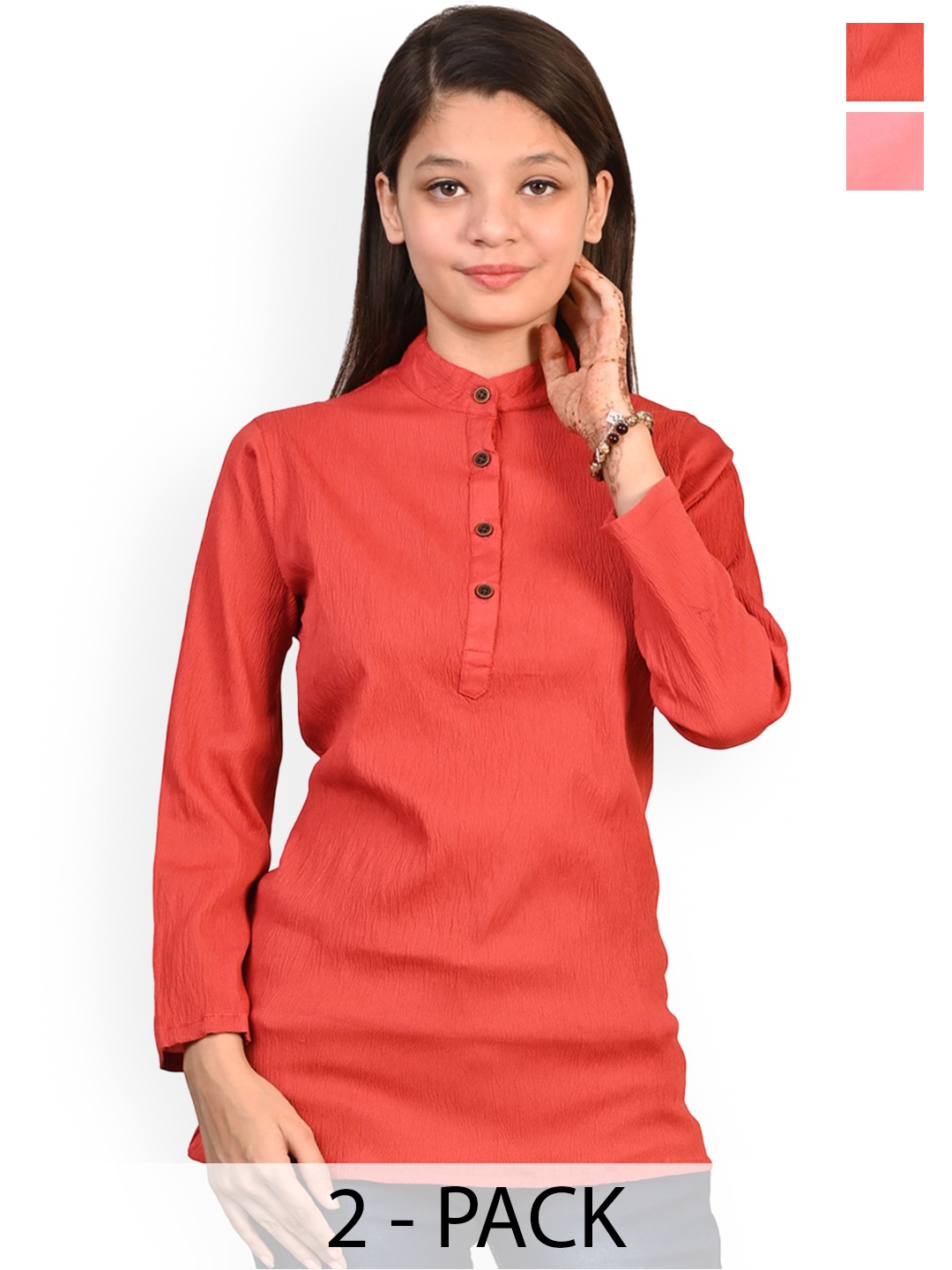 

BAESD Girls Selection Of 2 Band Collar Straight Kurtas, Pink