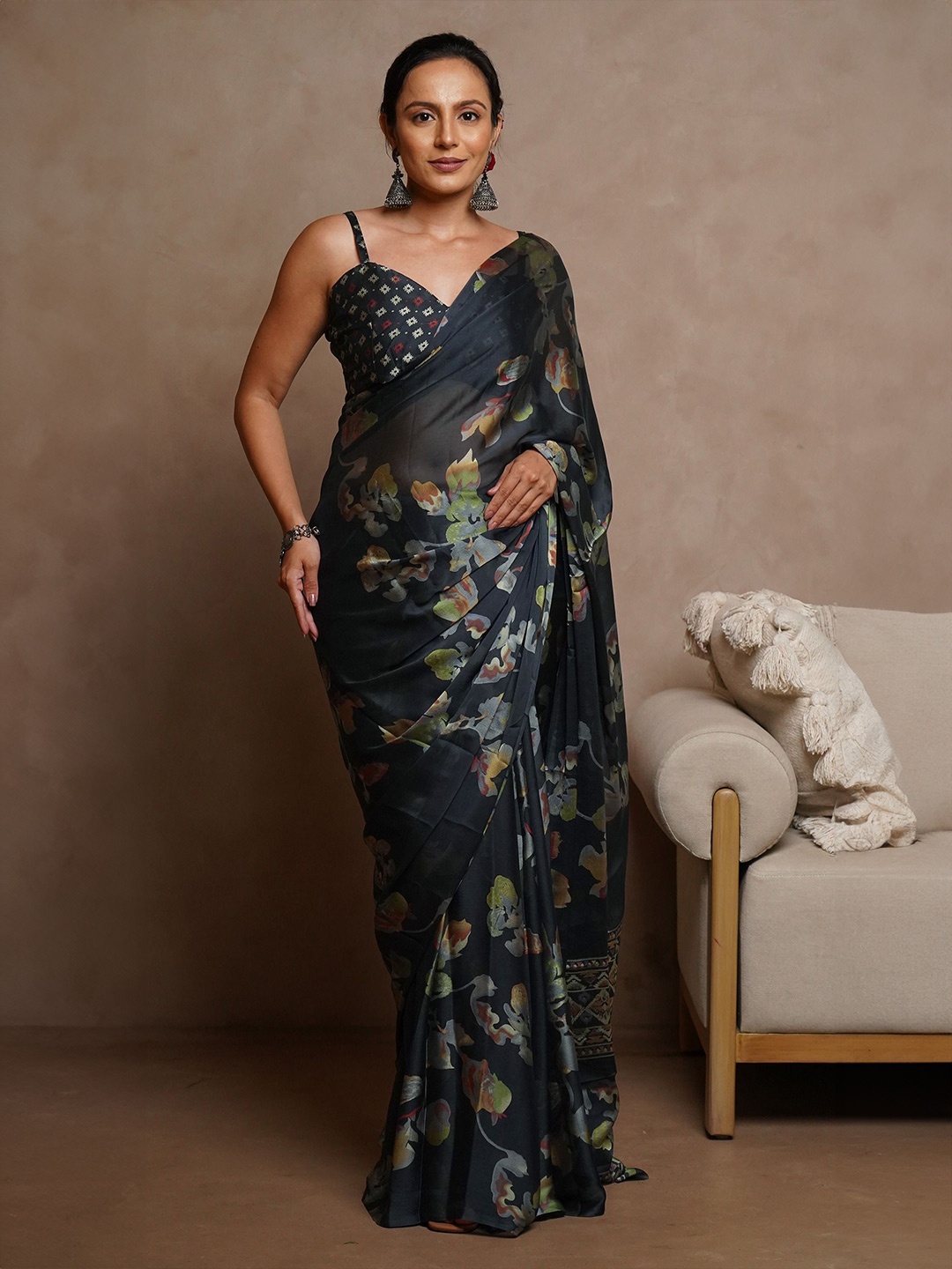 

KALINI Floral Poly Chiffon Saree, Navy blue