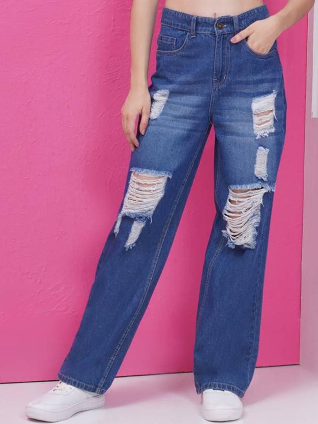 

Kotty Women Cotton Straight Fit High-Rise Highly Distressed Jeans, Blue