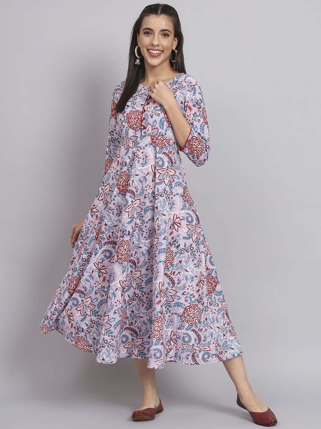 

HERE&NOW Purple Round Neck Floral Printed Fit and Flare Cotton Ethnic Dress