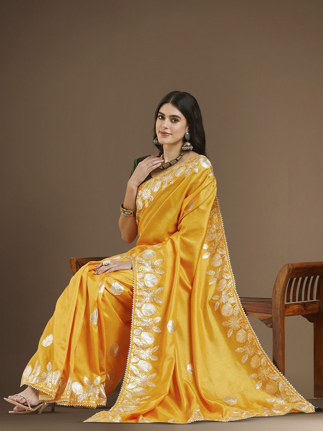

House of Pataudi Dola Siilk Embroidered Party wear Saree, Yellow