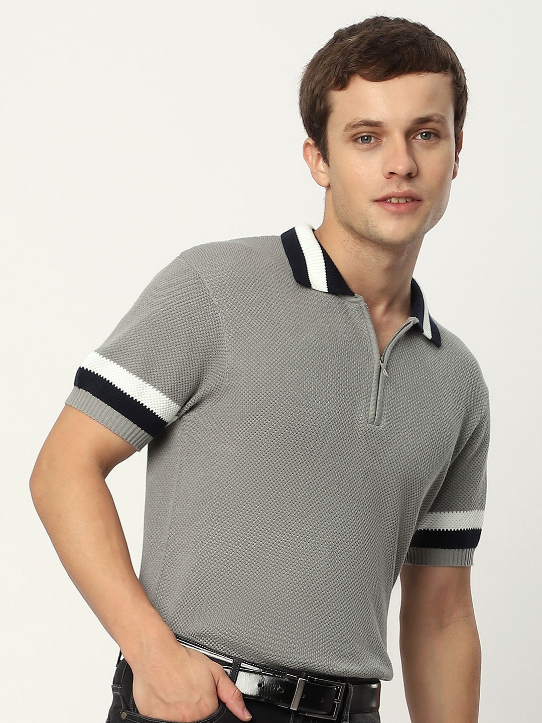

Beyoung Men Polo Collar Raw Edge T-shirt, Grey