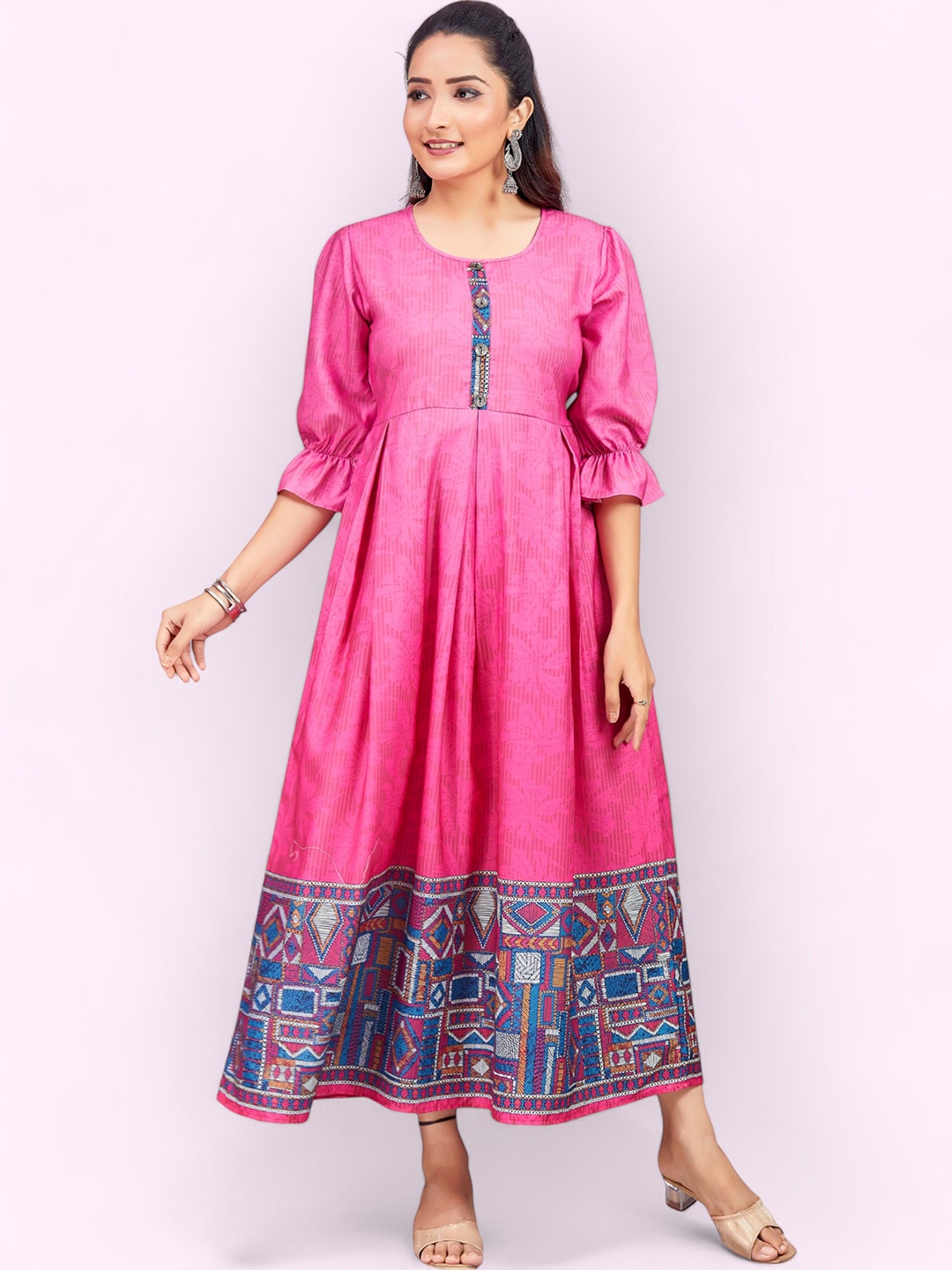 

PAMPER YOURSELF Printed Ethnic Maxi Dress, Pink