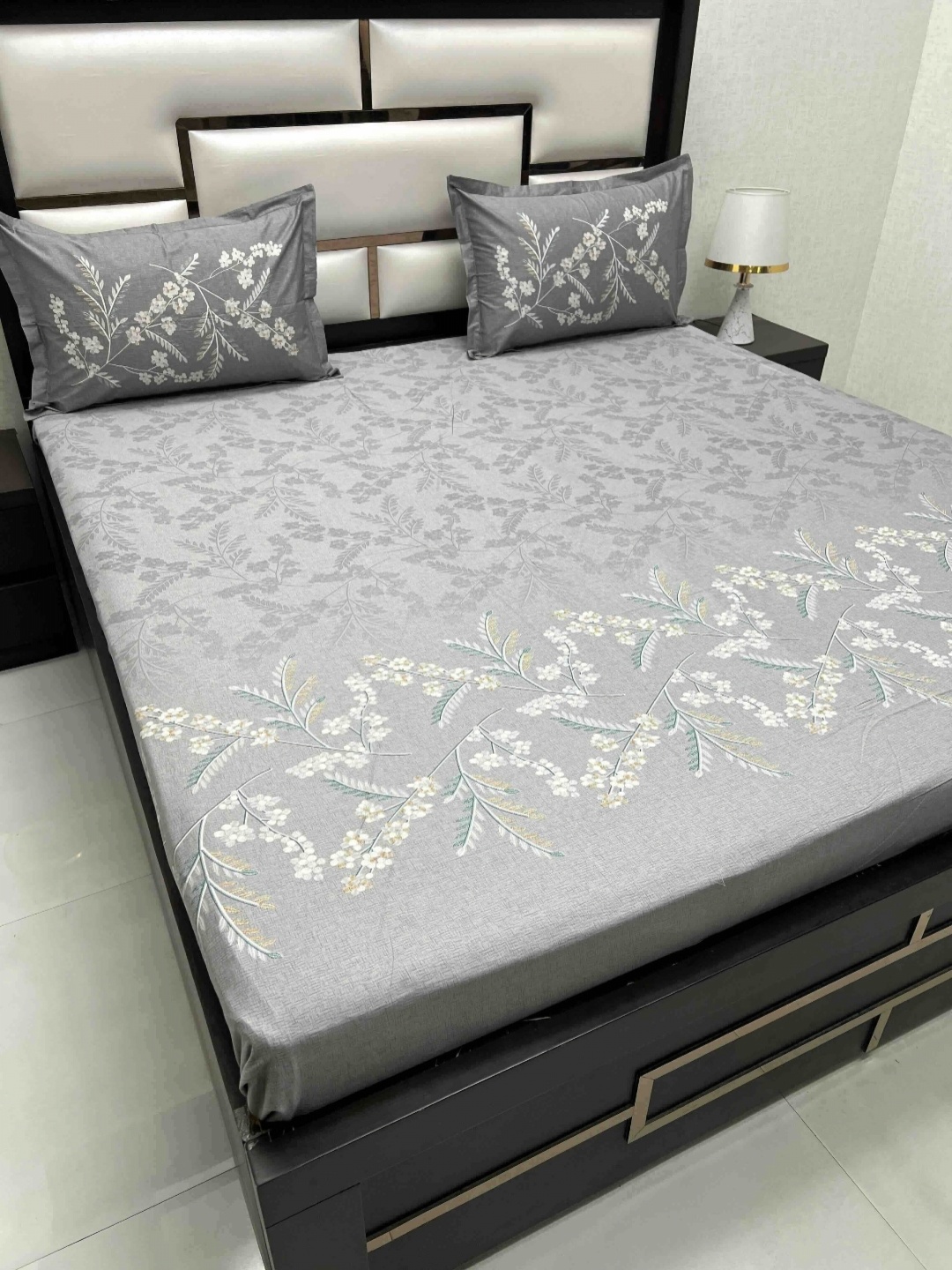 

Pure Decor Grey Floral 300 TC King Bedsheet with 2 Pillow Covers