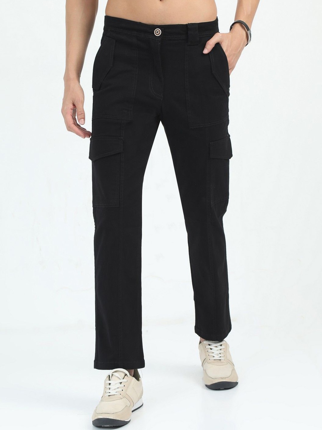 

NEVER NEUD Men Relaxed Straight Fit Bolsillo Cargos Trousers, Black